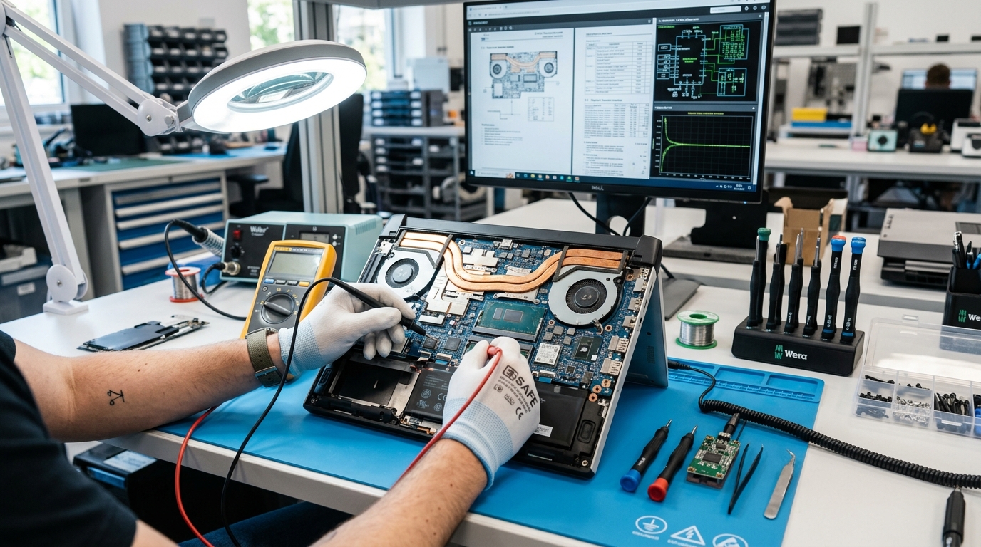 Electronics technician diagnostic workbench repairing laptop motherboard with multimeter probe