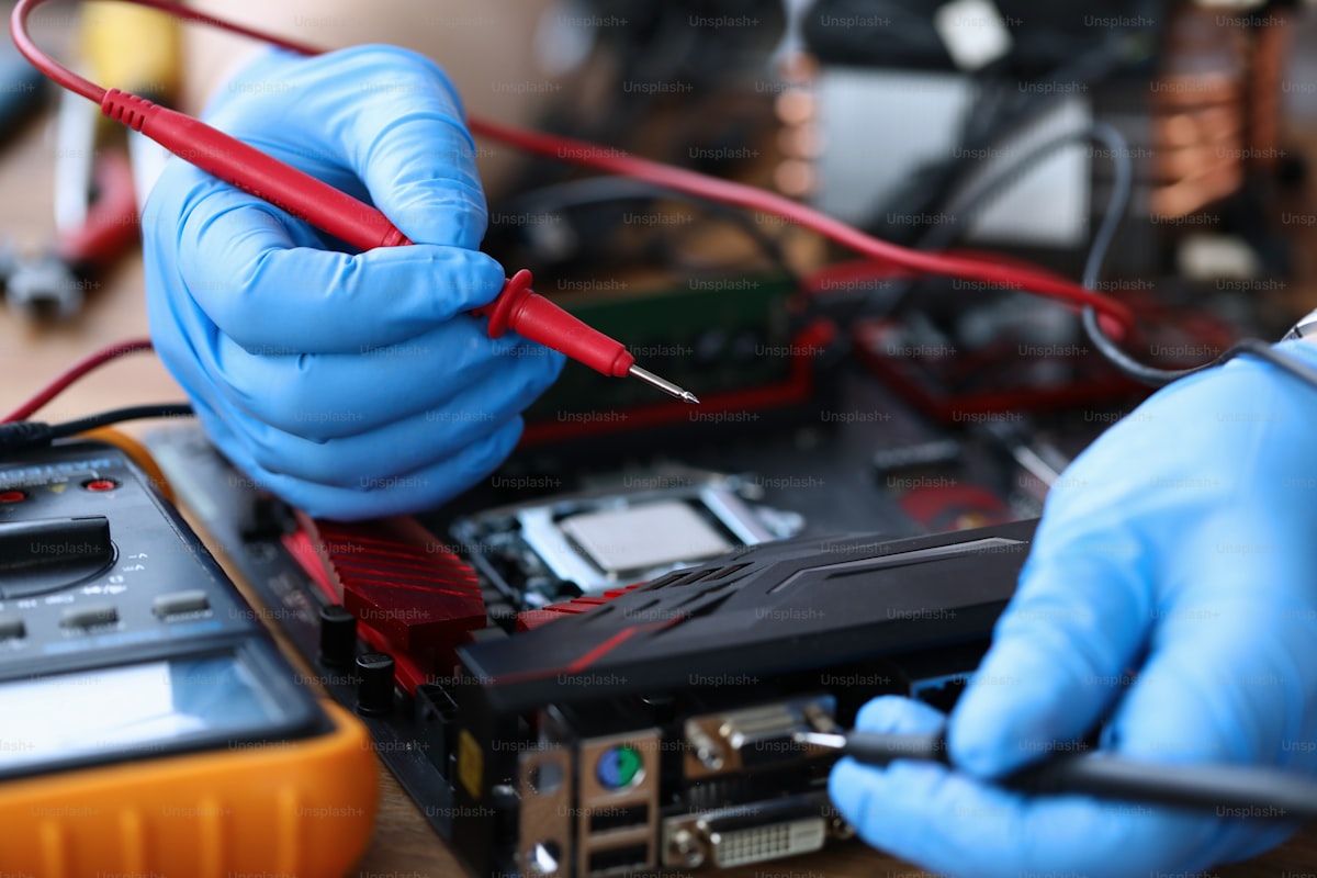 Electronics technician testing Smart TV circuit board and display ports with multimeter