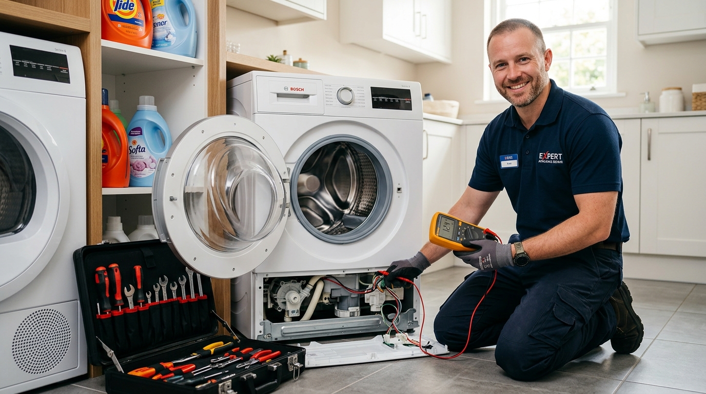 Professional technician servicing front load washing machine with tools and testing meter